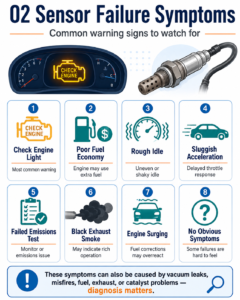 o2 sensor failure symptoms infographic